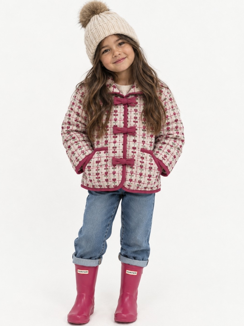 Hunter Kids White Quilted Jacket with Pink Pattern & Trim